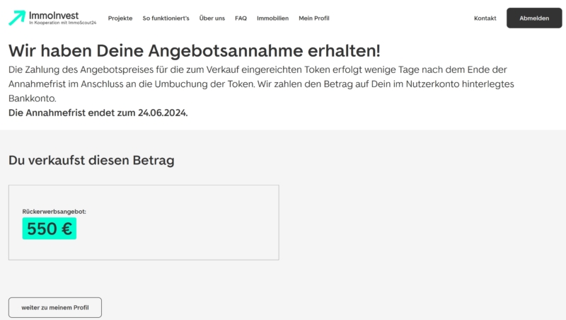 ImmoInvest Rückkaufangebot Annahme