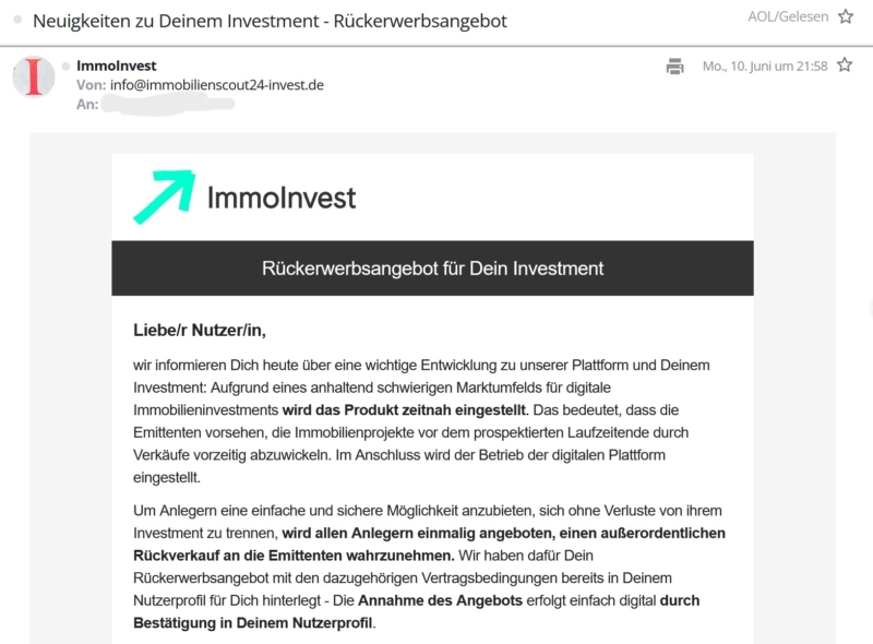 ImmoInvest Rückkaufangebot per Mail Teil 1