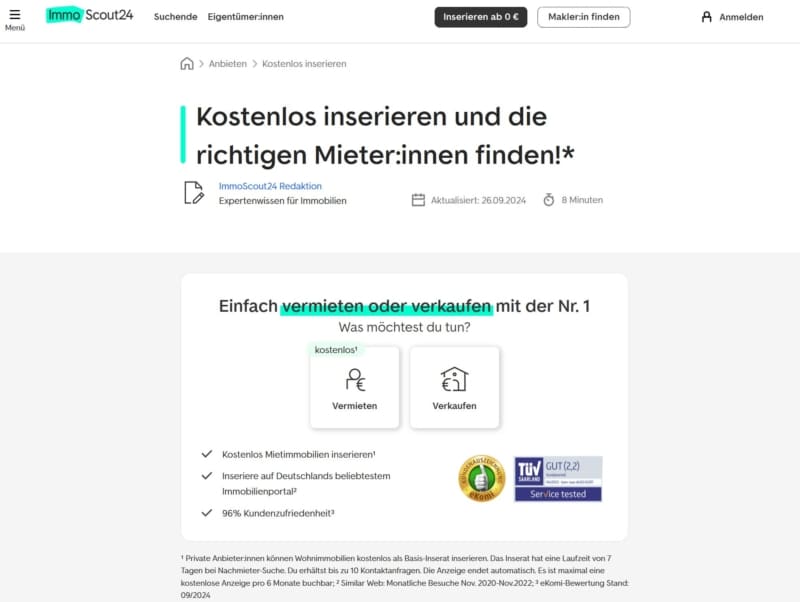 ImmoScout24 kostenlose Vermietungsanzeige