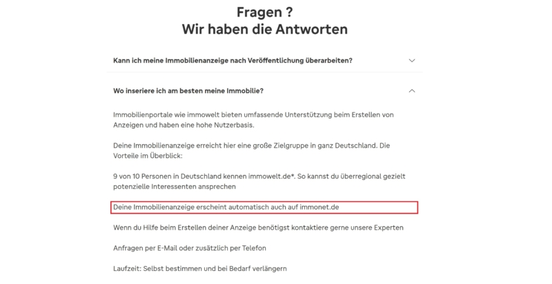 Immowelt FAQ Inserat automatisch bei Immonet